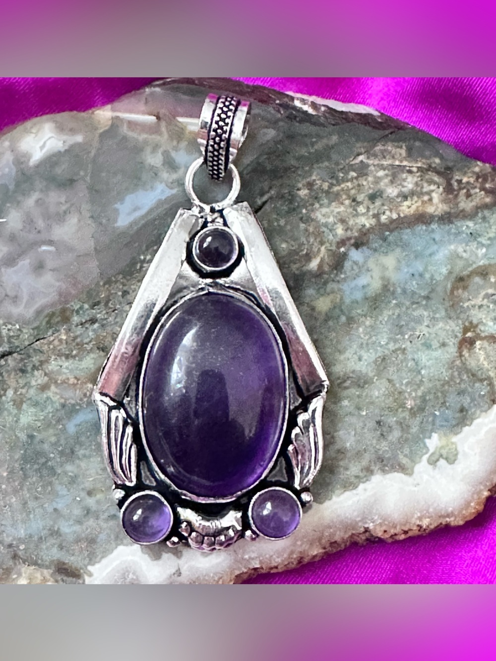 Artisan Sterling Silver Multi Stone Amethyst Pendant - Purple